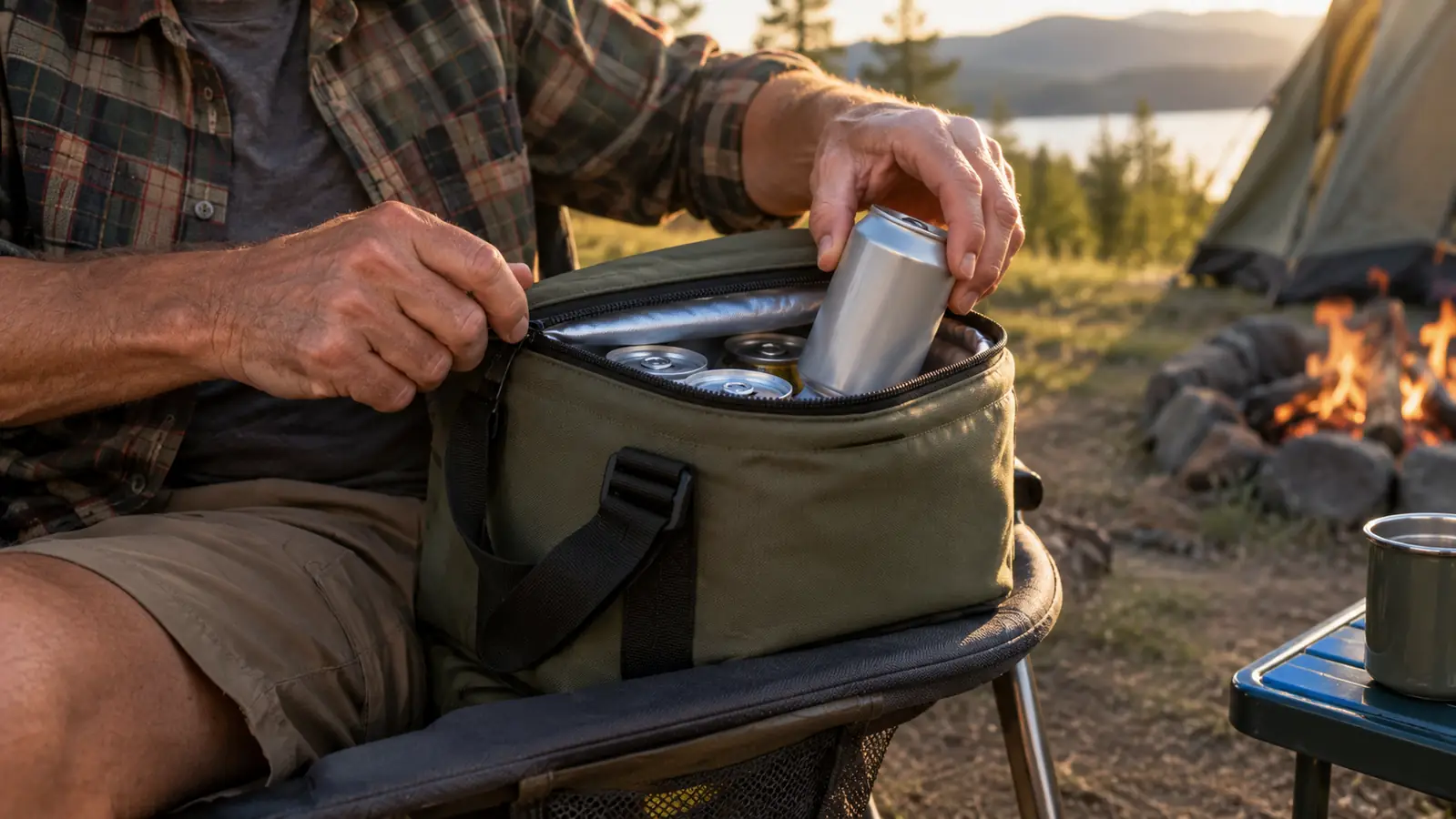 Hands opening the insulated cooler bag on the armrest of a camp chair and lifting out a can
