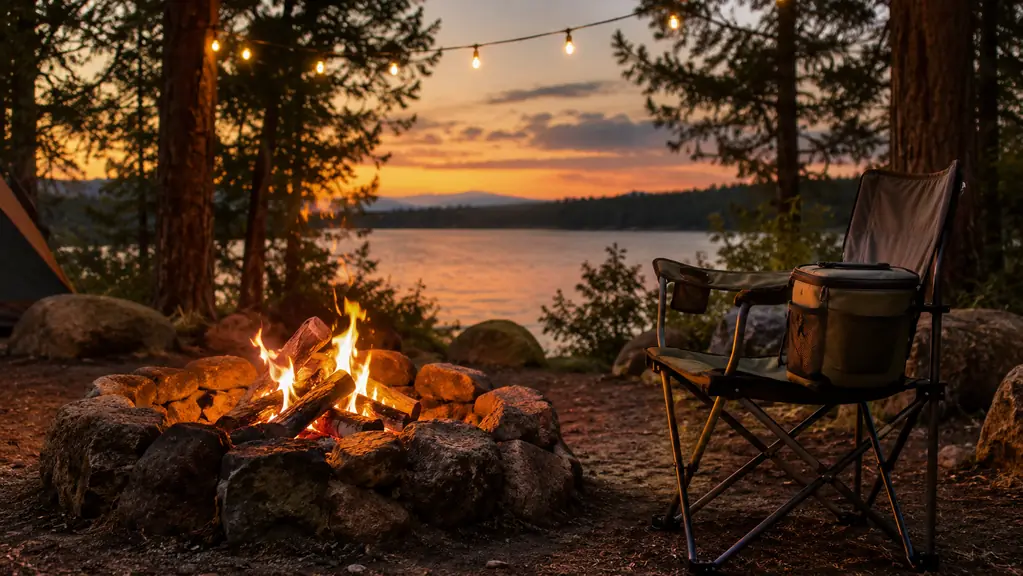 A camp chair with a cooler bag on the armrest sitting by a fire ring under string lights at dusk