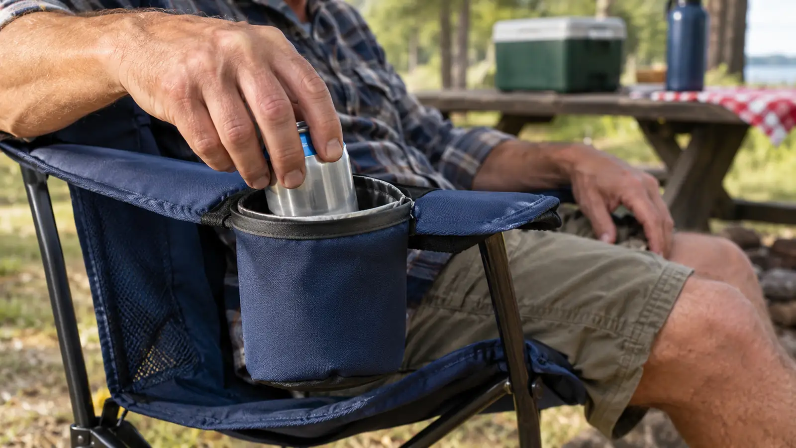 A hand sliding a can into the cooler pouch on the armrest of a camp chair