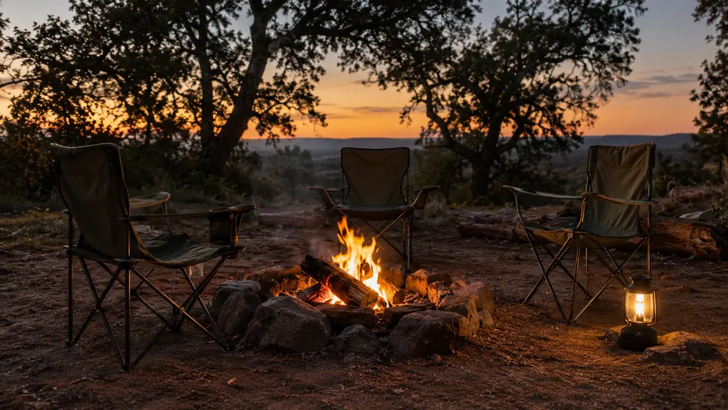 Three folding camp chairs arranged in a loose semicircle around a campfire ring at dusk, a lantern glowing on the ground nearby