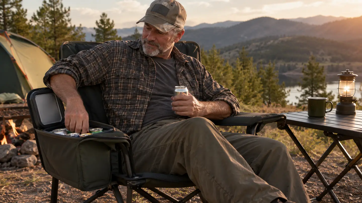 A camper sitting in a folding camp chair, reaching into the open cooler armrest to take out a can