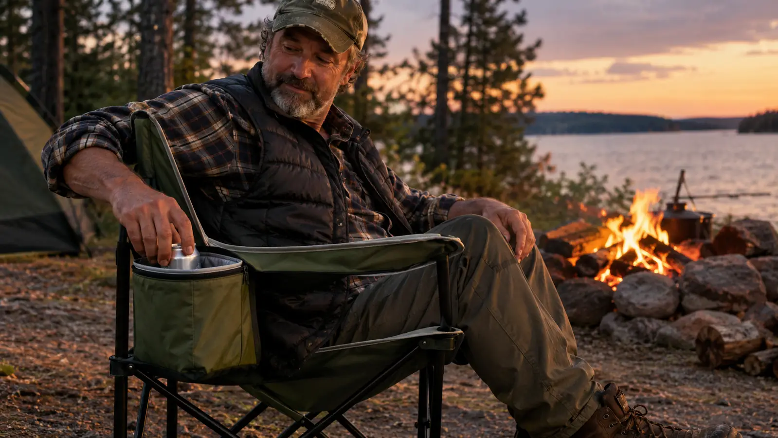 A person sitting in the Coleman camp chair reaching for a drink from the armrest cooler