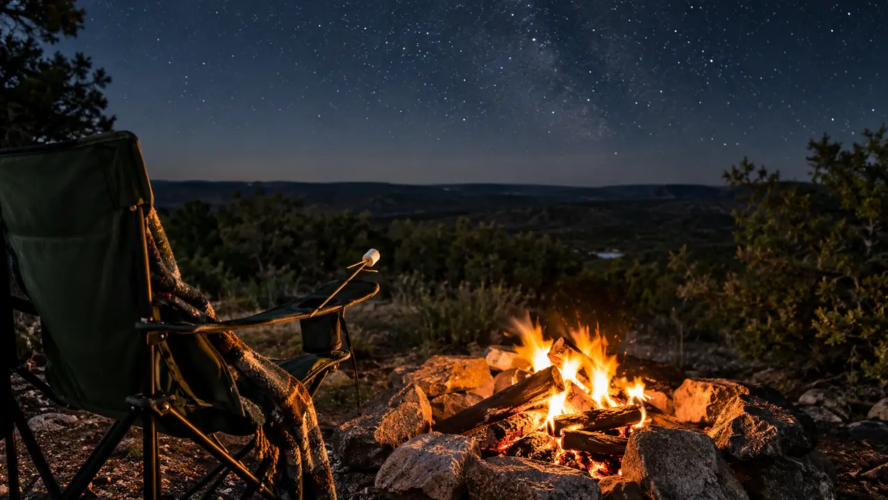 A folding camp chair beside a campfire at night with a roasting stick resting on the armrest