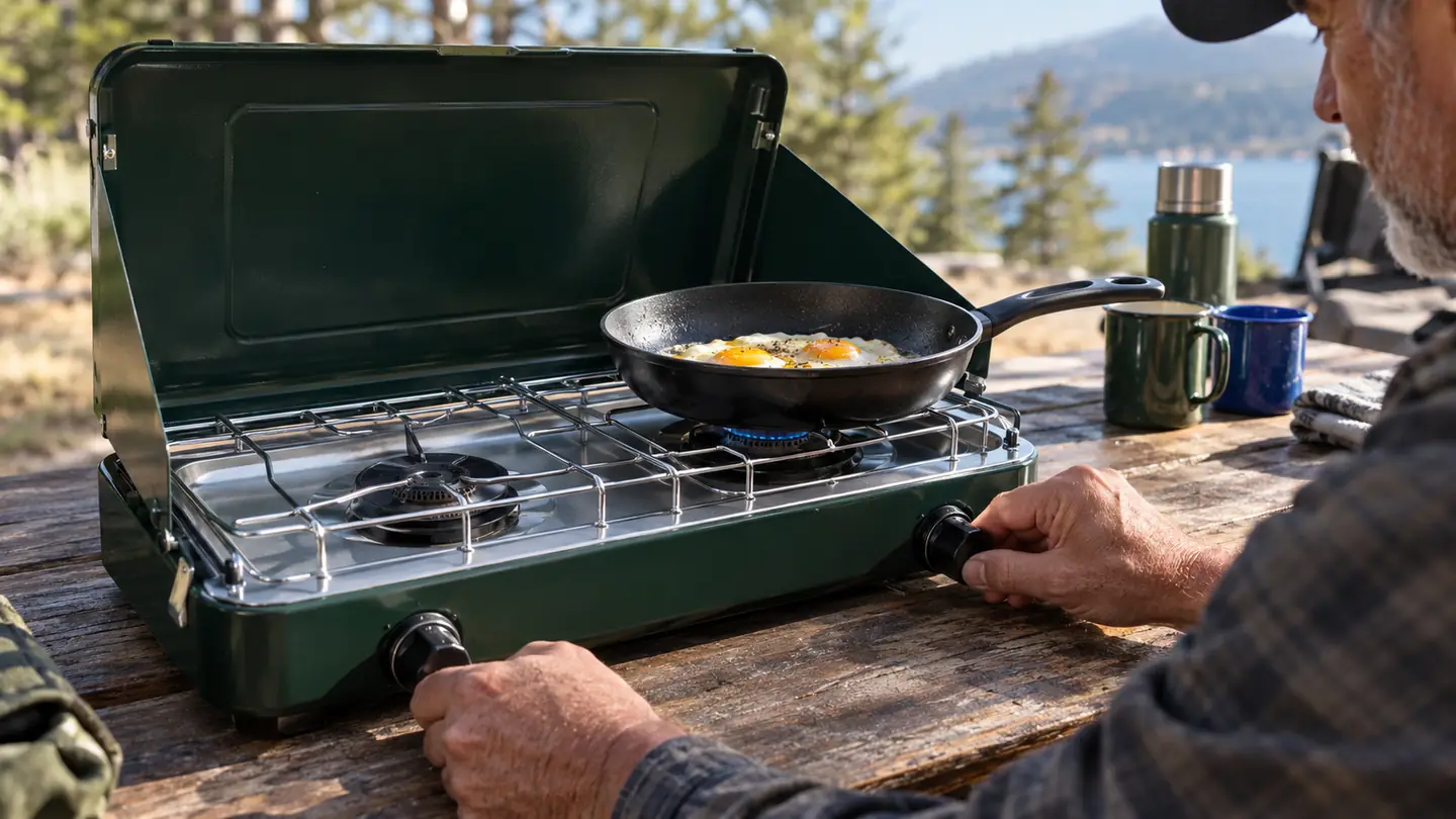 Hands adjusting the knob on a two-burner propane stove while eggs cook in a pan on the second burner at a campsite table