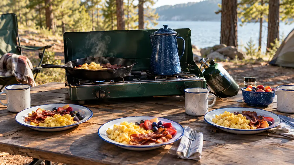 Campsite breakfast table with a two-burner propane stove, a cast iron skillet, a coffee pot, and three plates set out in morning light