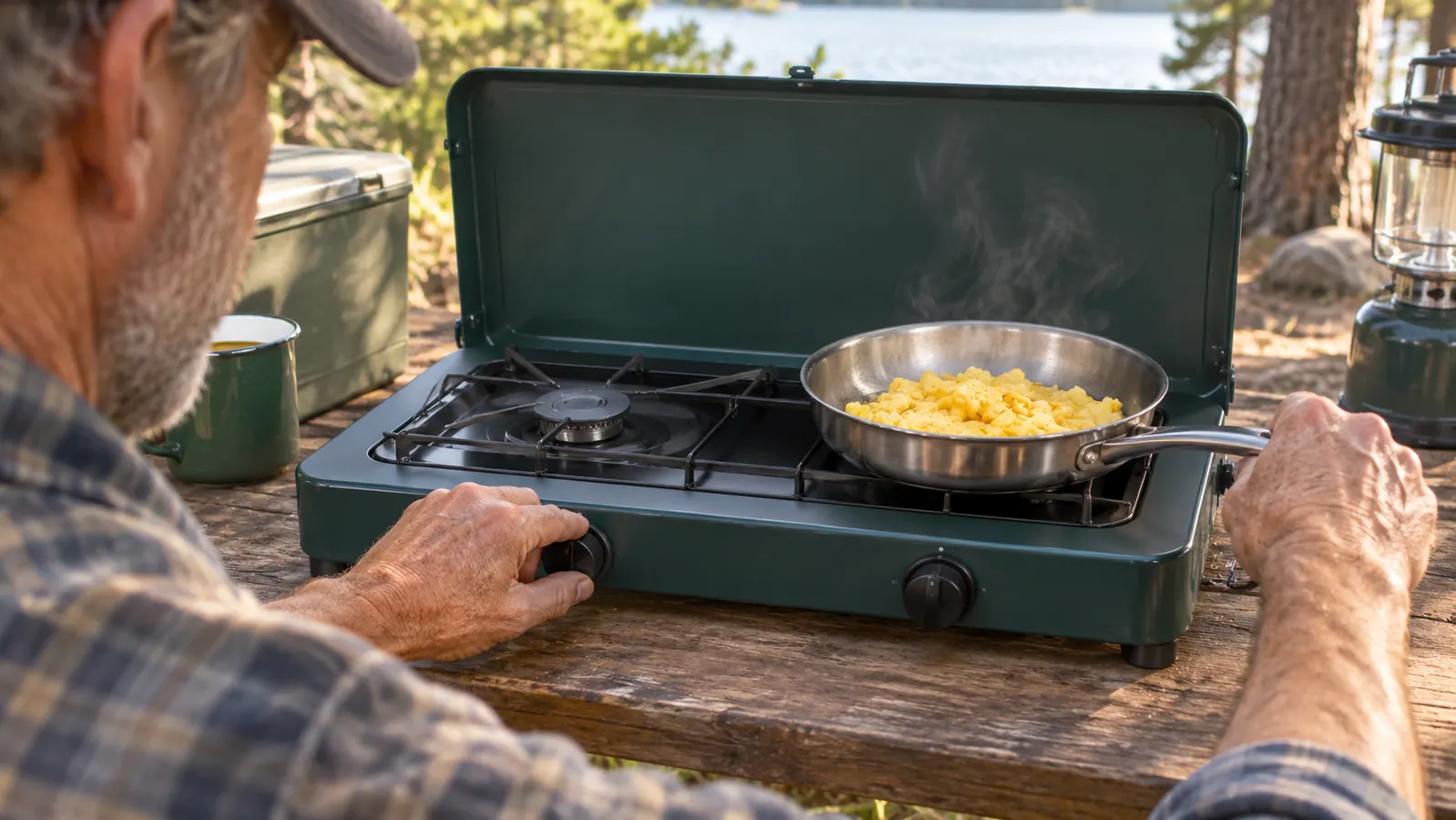 A hand turning the knob on a two-burner camp stove while a pan of eggs cooks on the second burner