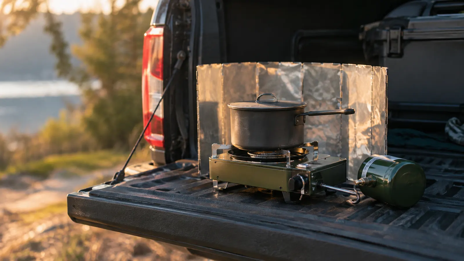 A camp stove on a tailgate with a wind screen made from folded aluminum foil tucked behind it