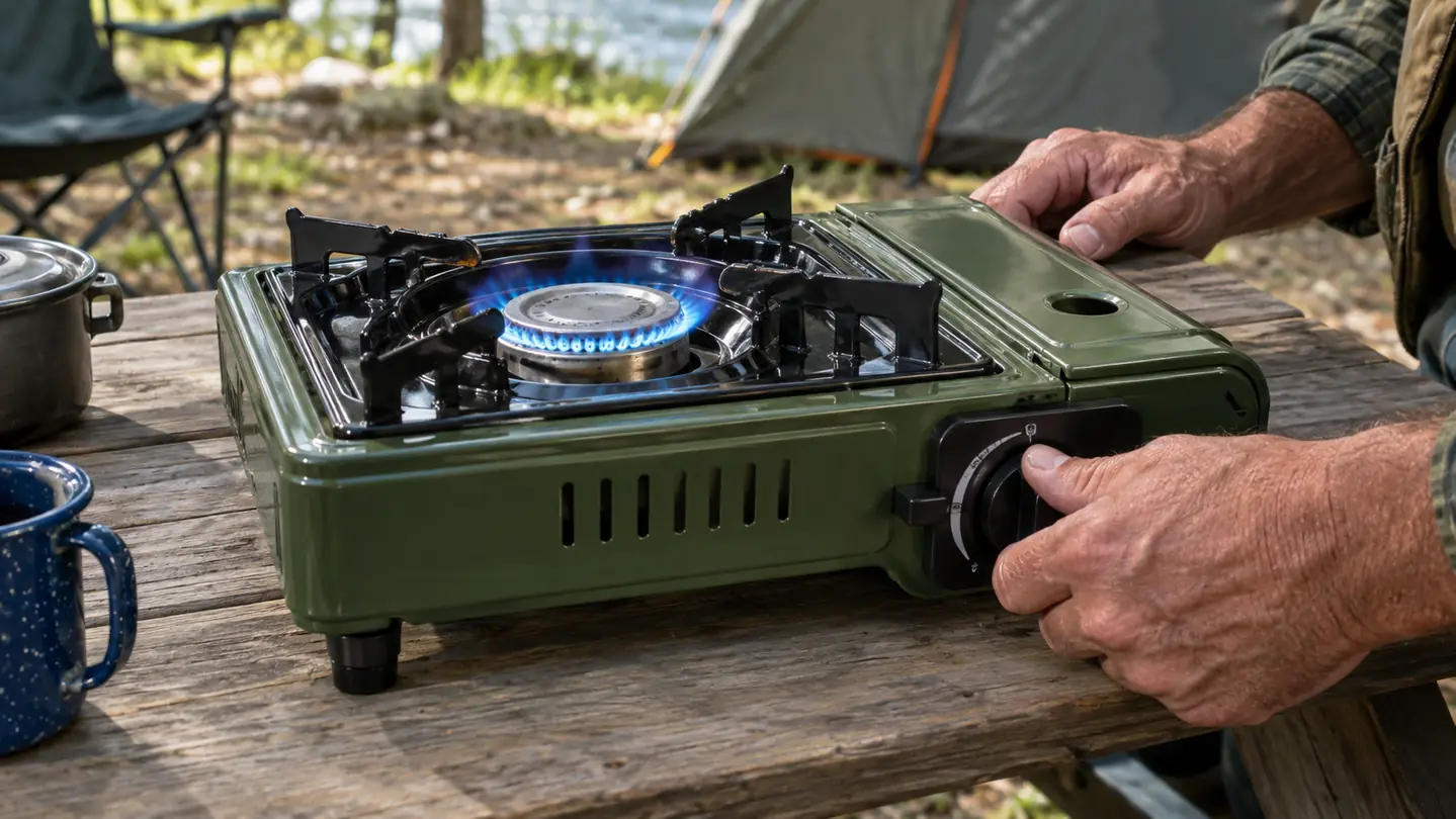 Hand turning the knob to light a burner on a two-burner propane camp stove