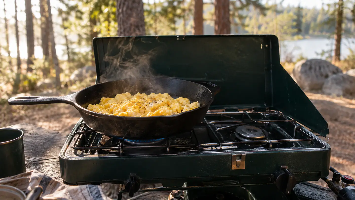 A cast iron skillet with scrambled eggs on a camp stove burner at a campsite