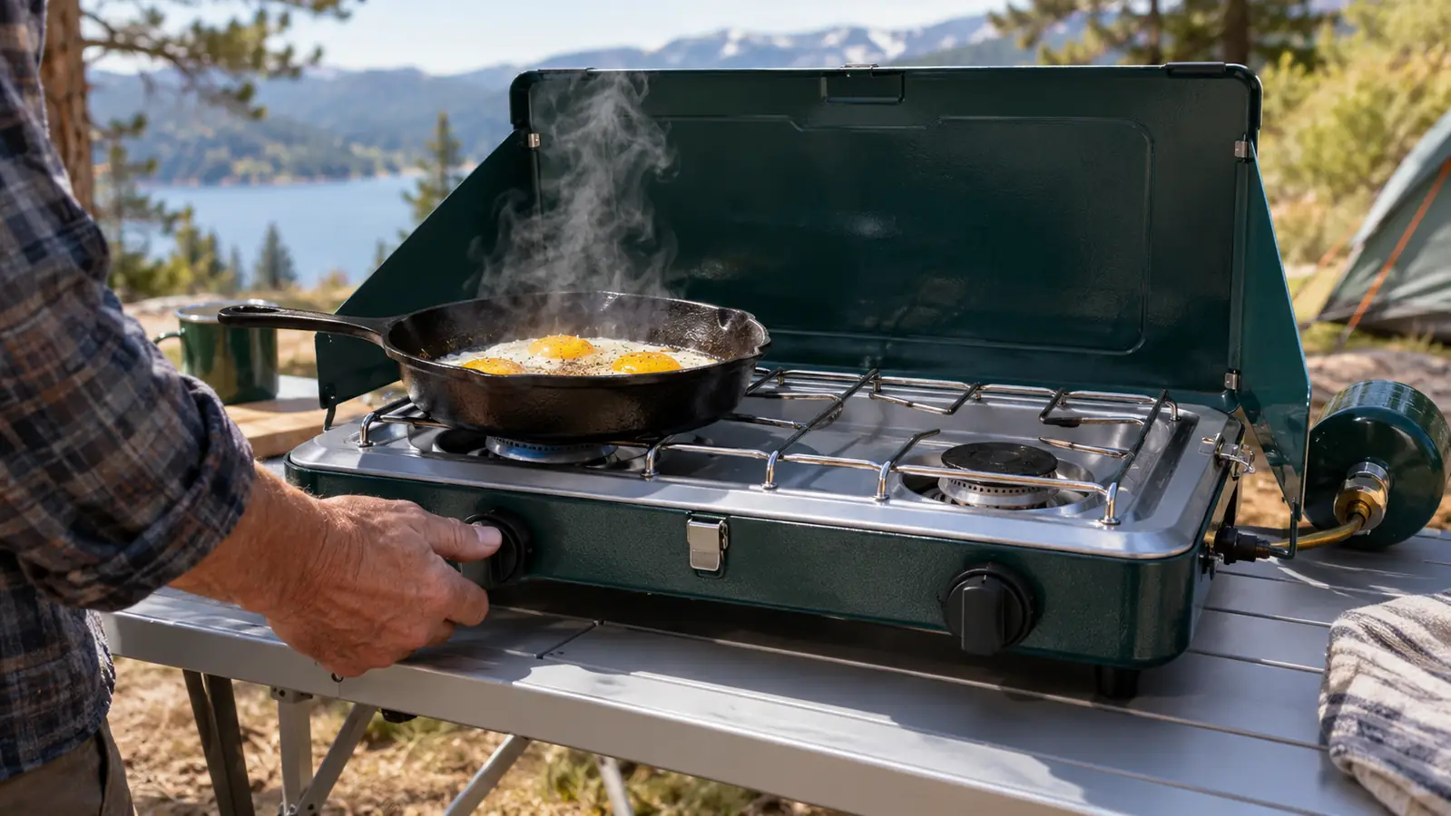 A hand turning the control knob on a two-burner propane stove with a cast iron skillet on top