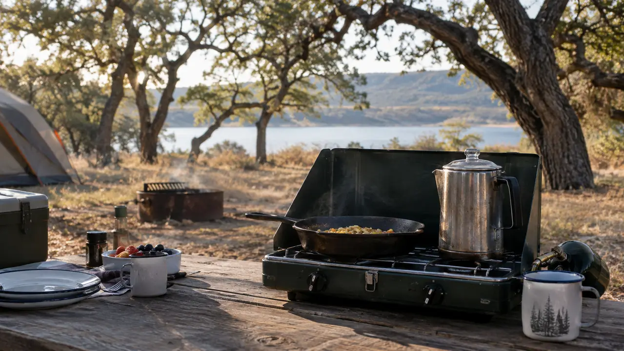 A family campsite breakfast scene with a two-burner stove on a camp table, a skillet of eggs and a coffee pot, morning light
