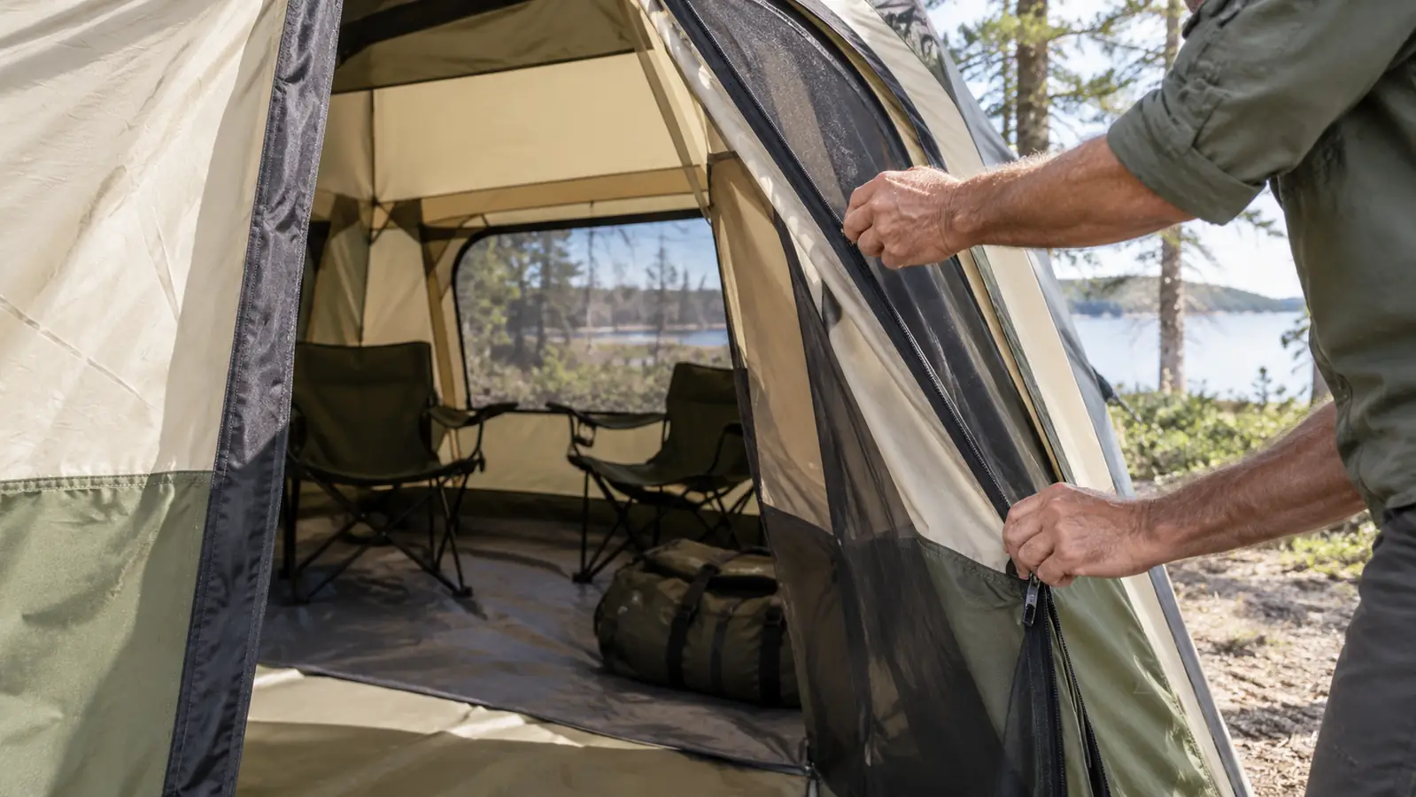 Hand reaching for the zipper on the door of the large cabin tent