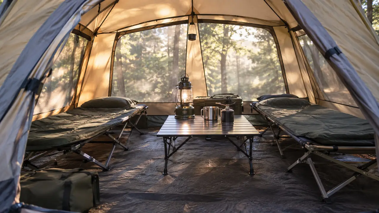 Interior view of the large cabin tent from the open door, showing cots and gear