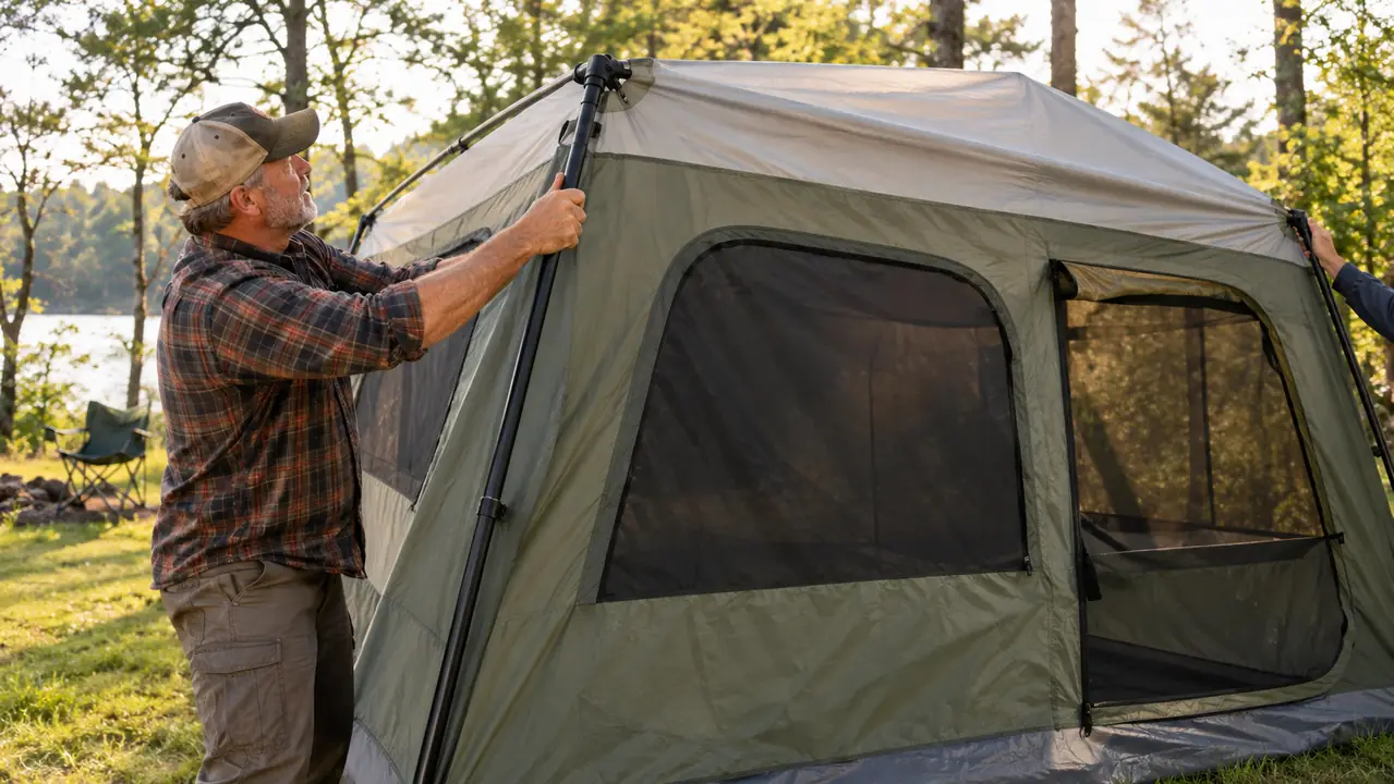 Hands raising a pre-attached pole section on a cabin tent while another person steadies the opposite corner at a campground