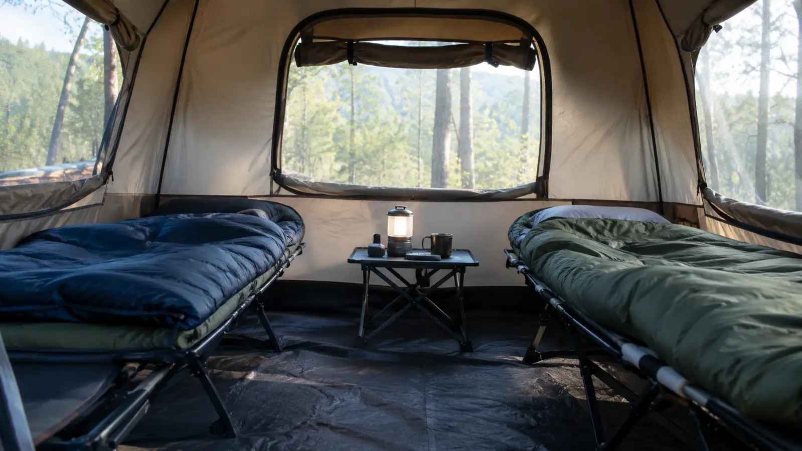 The interior of a cabin tent in the morning with two camp cots, a lantern on a gear table, and daylight through the mesh windows