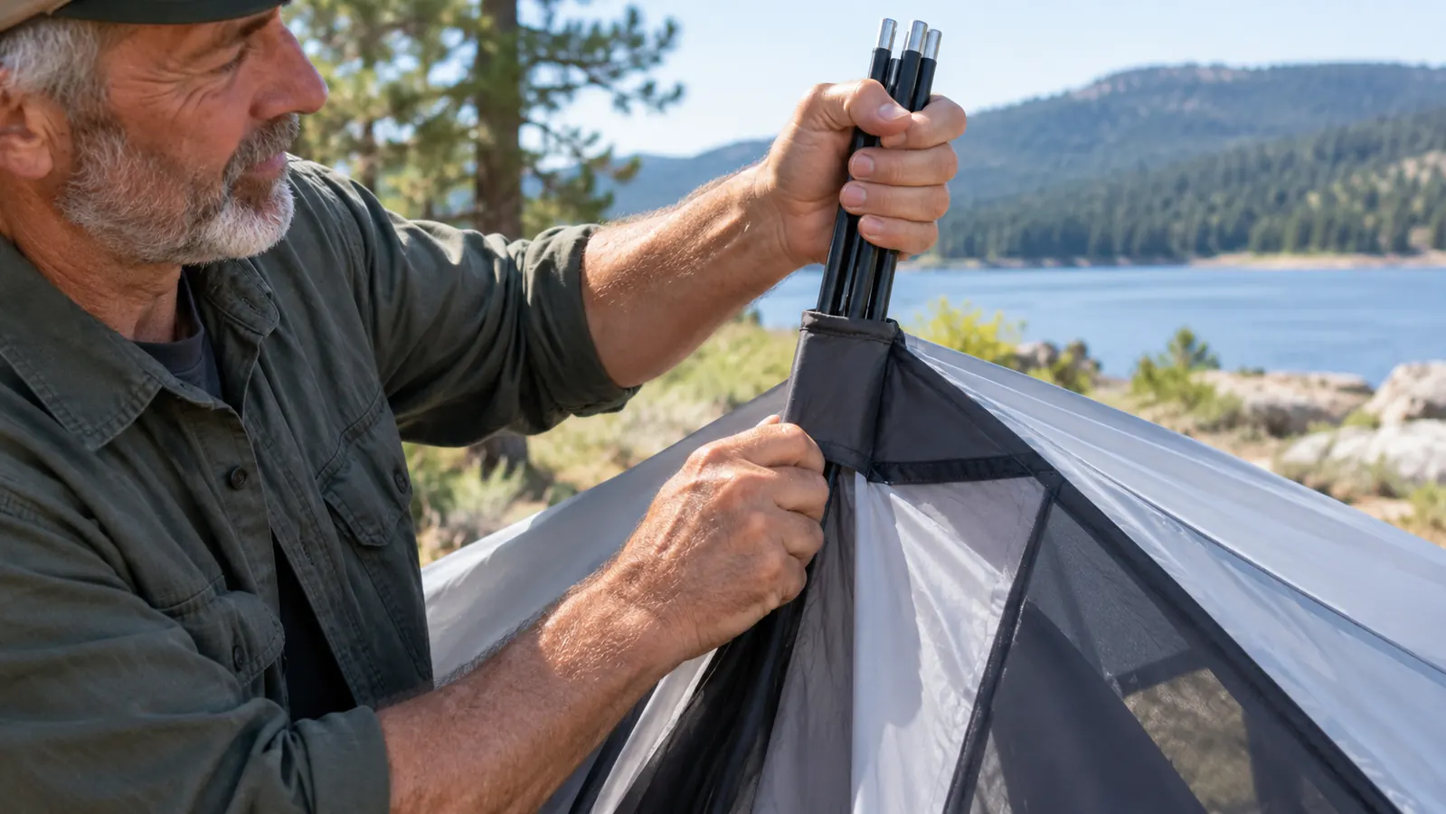 A camper's hand sliding a tent pole through a pre-attached sleeve near the roofline of a large cabin tent