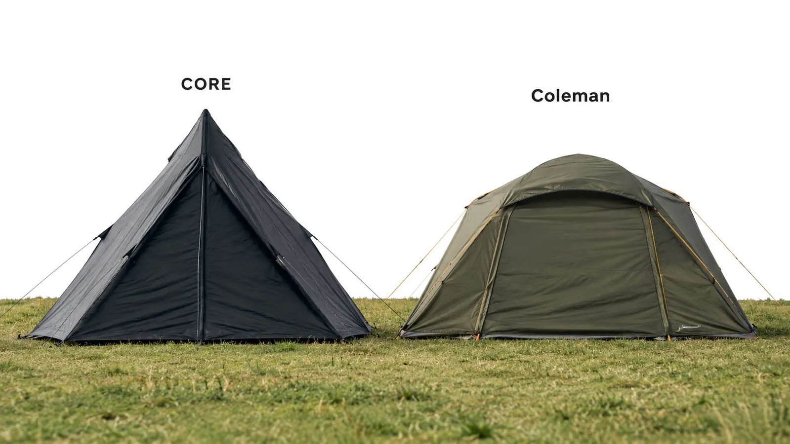 A side-by-side comparison sketch of two cabin-style tents, one with a taller center and one with a wider footprint, labeled CORE on the left and Coleman on the right