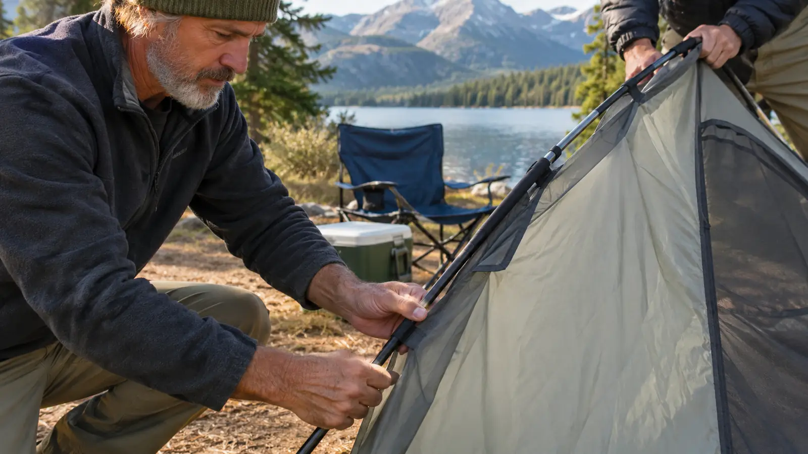 Hands guiding a tent pole through a sleeve while another person steadies the tent.