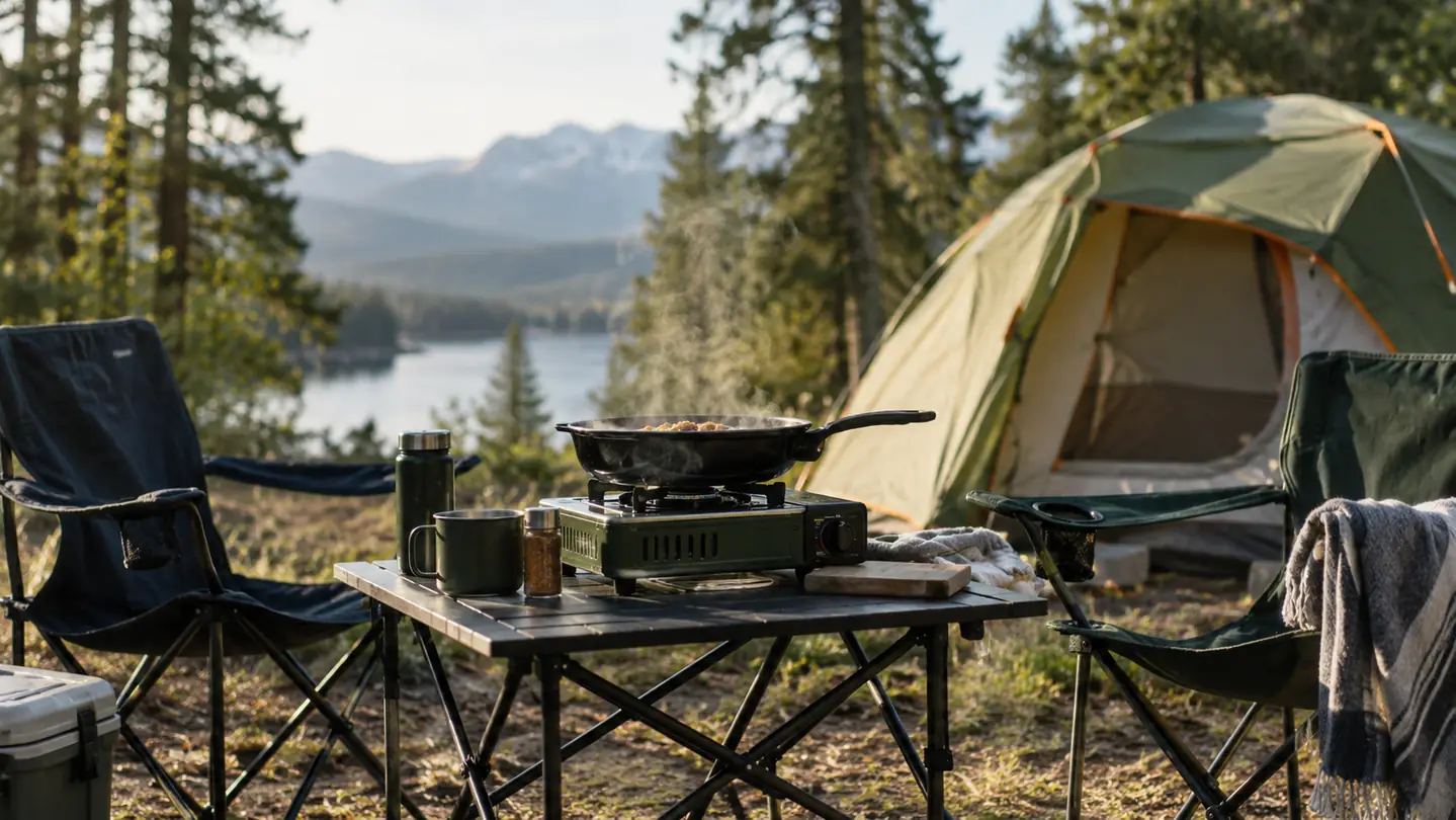 A family campsite in the morning with a tent, camp chairs, and a camp stove on a table.