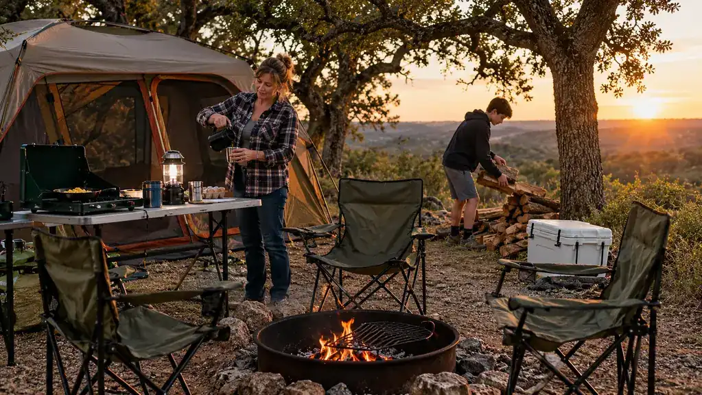 A family campsite at golden hour with a cabin tent under oak trees, a two-burner camp stove, a glowing lantern, camp chairs and a white cooler