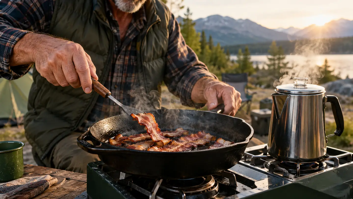 A hand flipping bacon in a cast iron skillet on a two-burner propane stove while a coffee percolator heats on the other burner
