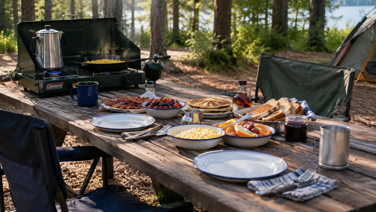 A full camp breakfast spread on a picnic table with a two-burner propane stove, a coffee percolator, and a skillet of eggs, with camp chairs around the table