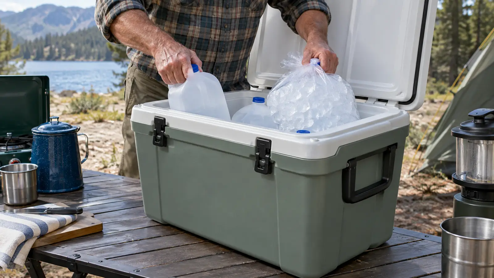 Hands placing frozen gallon jugs and a bag of cubed ice into a hard cooler on a camp table