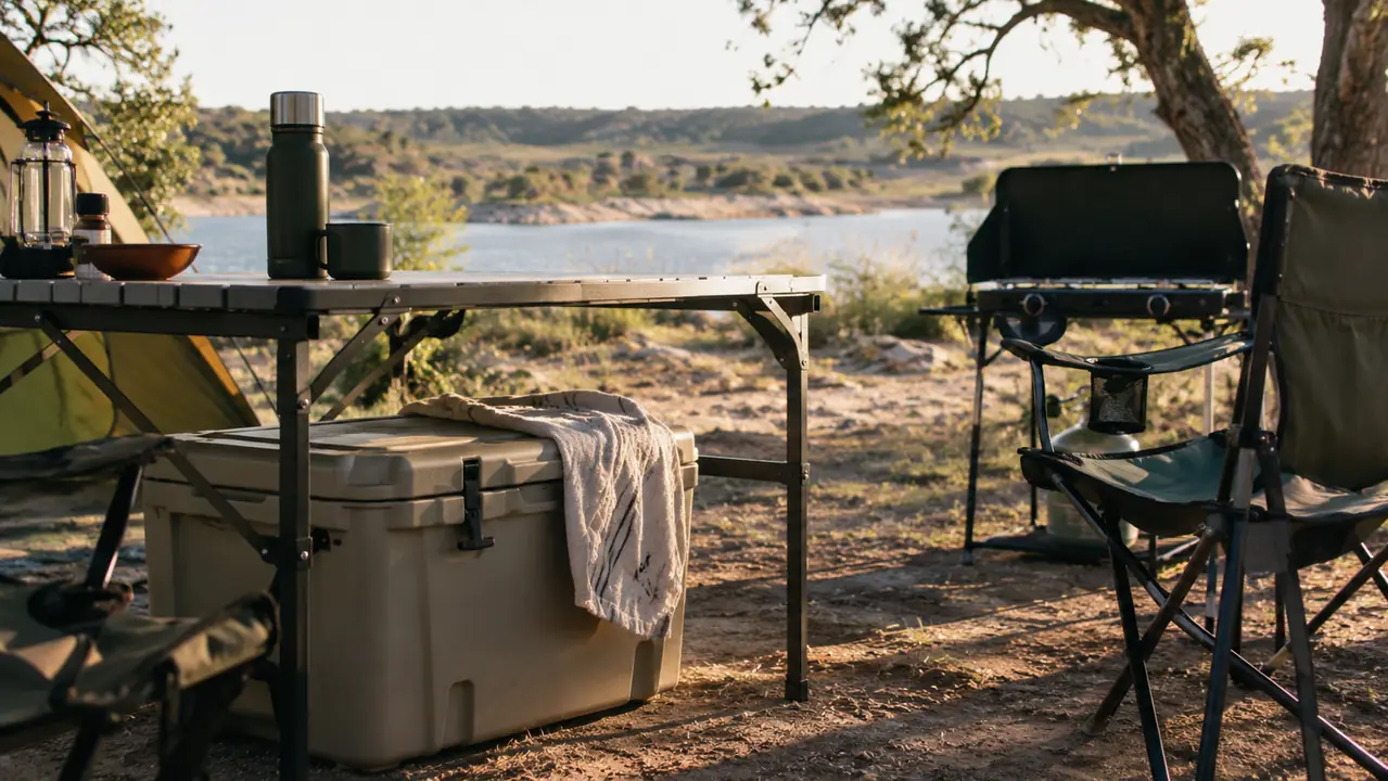 Hard cooler in the shade under a folding camp table with a towel over the lid