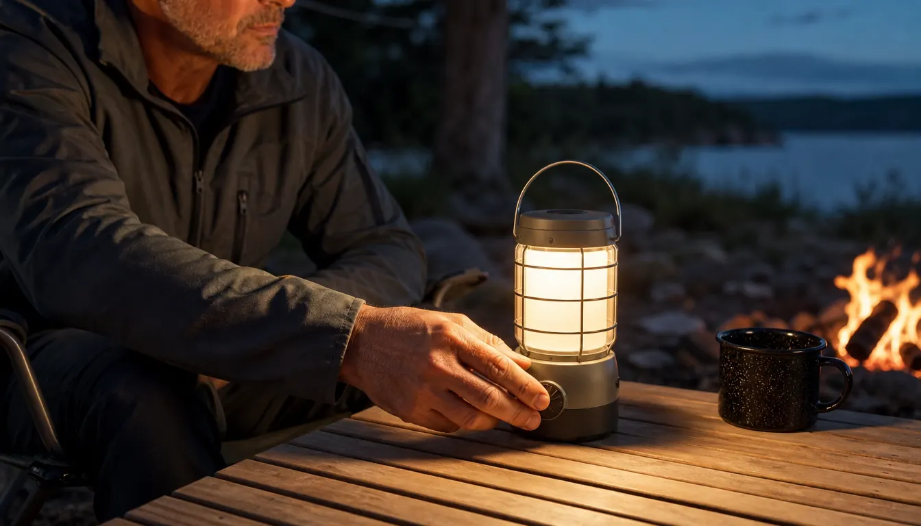 A hand adjusting a rechargeable lantern on a camp table beside a coffee cup in the evening