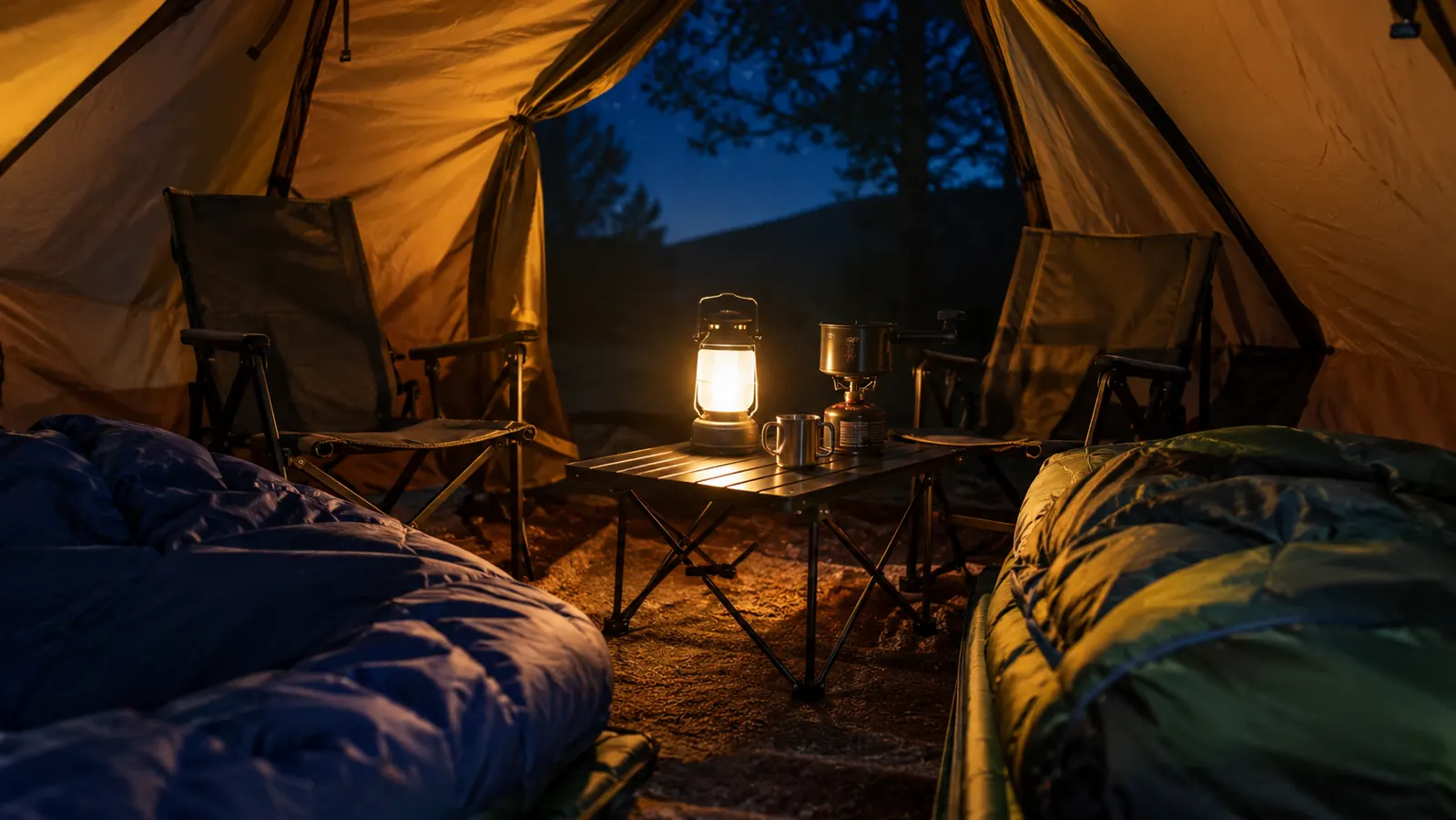 A rechargeable lantern glowing inside a tent at night, lighting sleeping bags and camp chairs