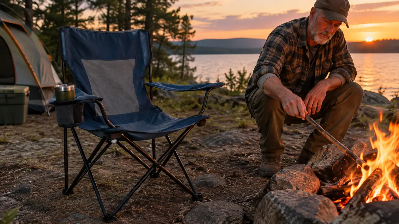 A folding camp chair open and ready beside a campfire, a cup resting in the armrest holder