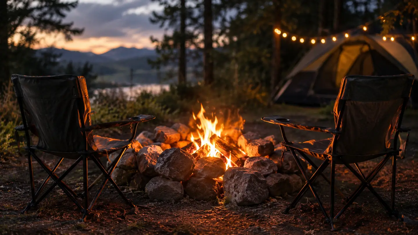 Two folding camp chairs facing a fire ring in the evening