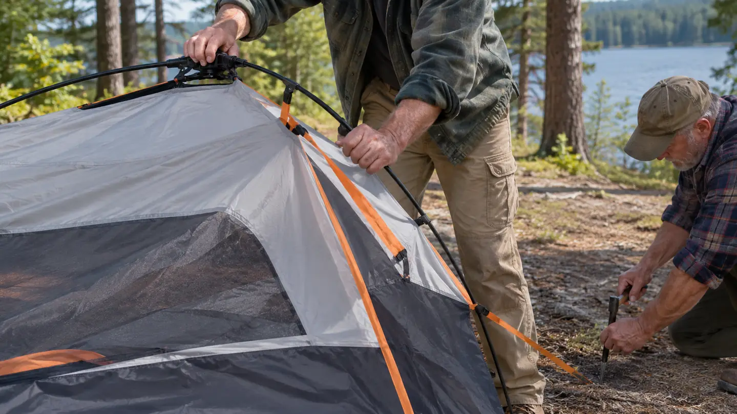 Hands extending a corner pole on a CORE instant cabin tent while another person stakes the base at a campsite.