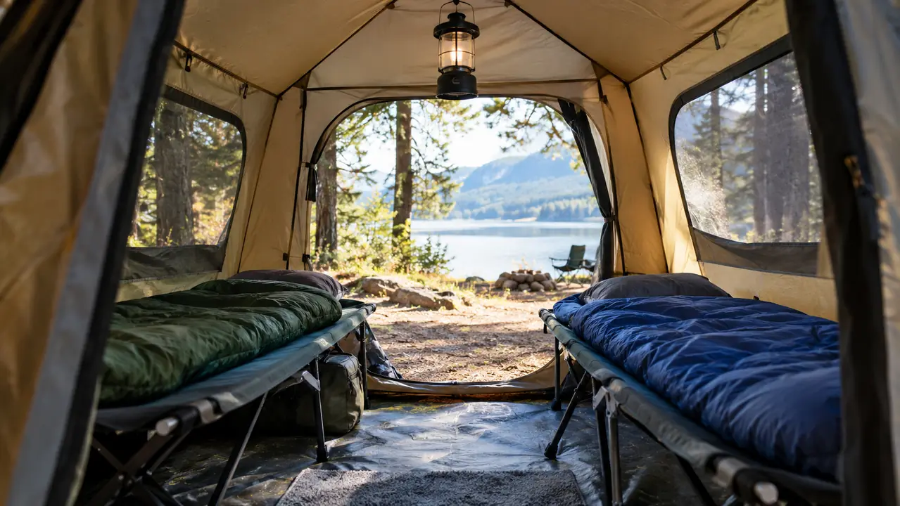 The open door of a CORE instant cabin tent showing the interior with two cots, a lantern, and a camp chair inside.