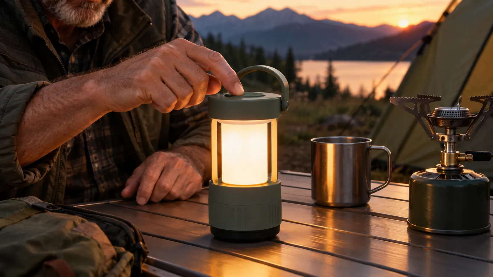 A hand turning on a lantern on a camp table beside a stainless steel mug and a camp stove in the evening