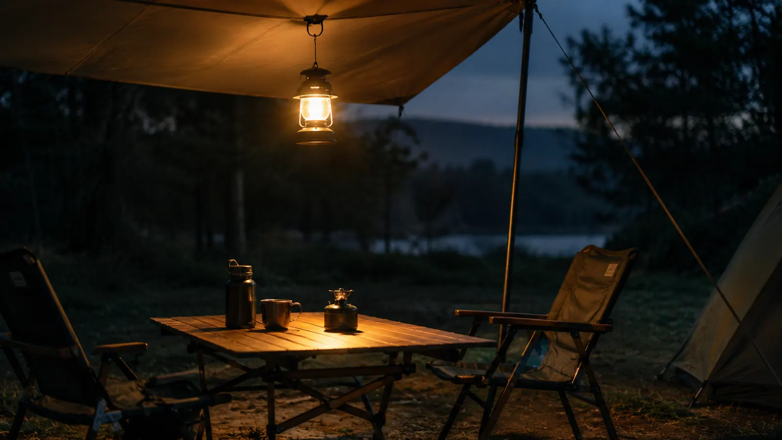 A lantern hanging from a tent awning at night, casting a warm pool of light on a camp table below