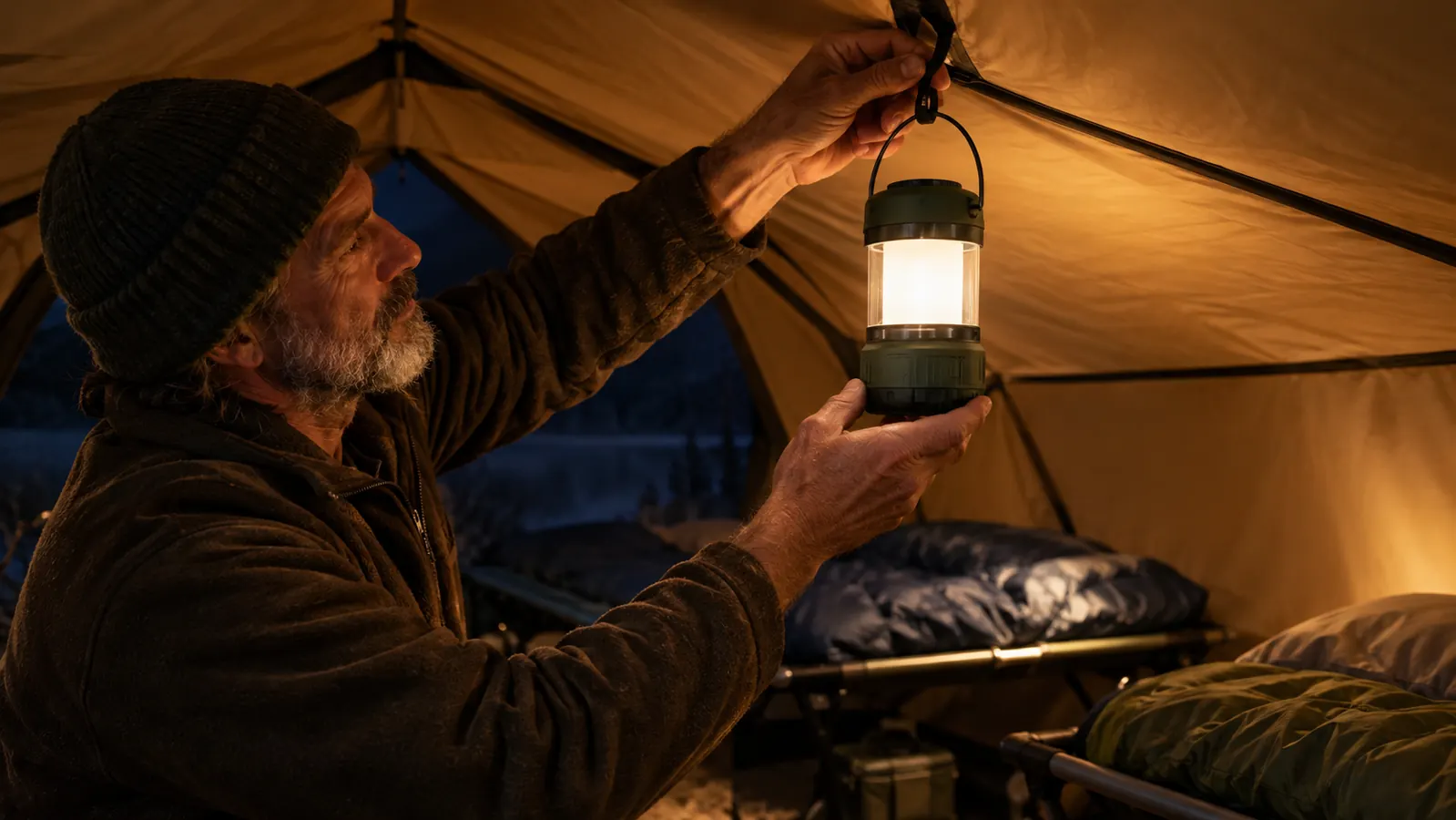 A hand hanging a rechargeable lantern from the loop inside a tent at night, the tent lit from within
