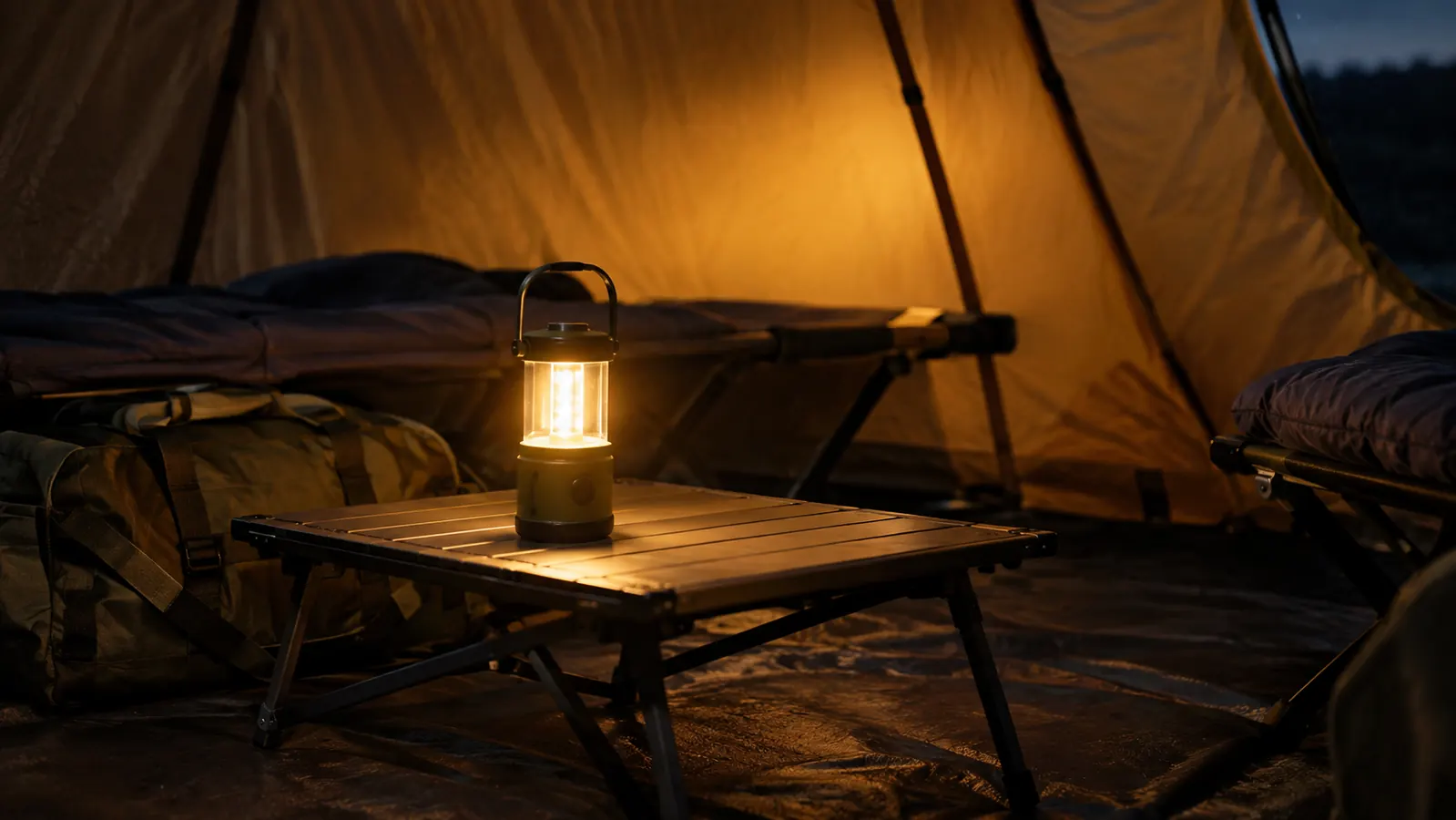 A camping lantern glowing on a low table inside a tent at night, camp cots and gear softly visible in the warm light