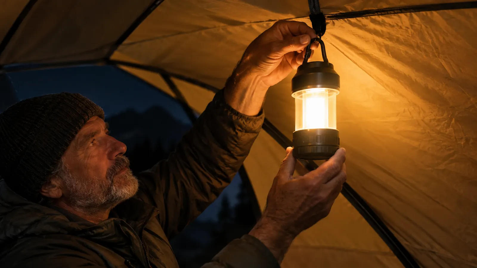 A hand hanging a rechargeable camping lantern from the inside loop of a tent at night
