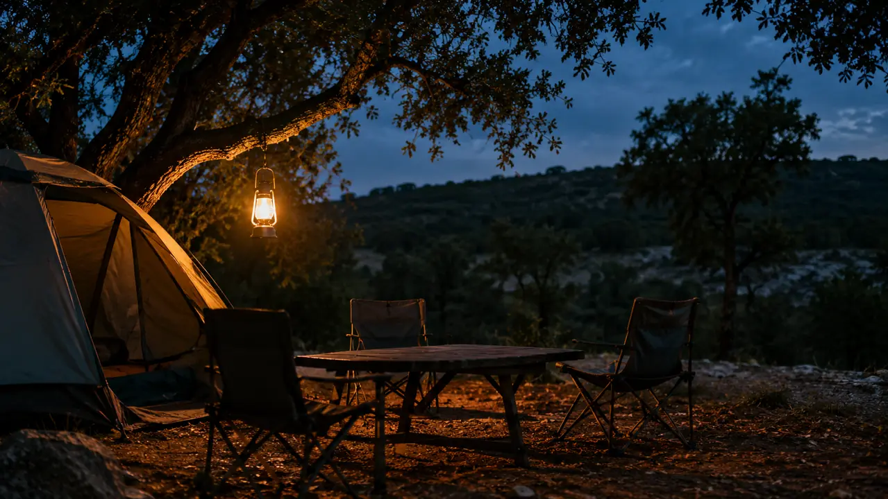 A glowing camping lantern hanging from a tree branch beside a tent at night
