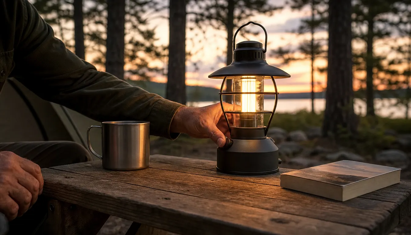 A hand reaching to adjust the lantern on a camp table next to a stainless steel mug and a paperback book