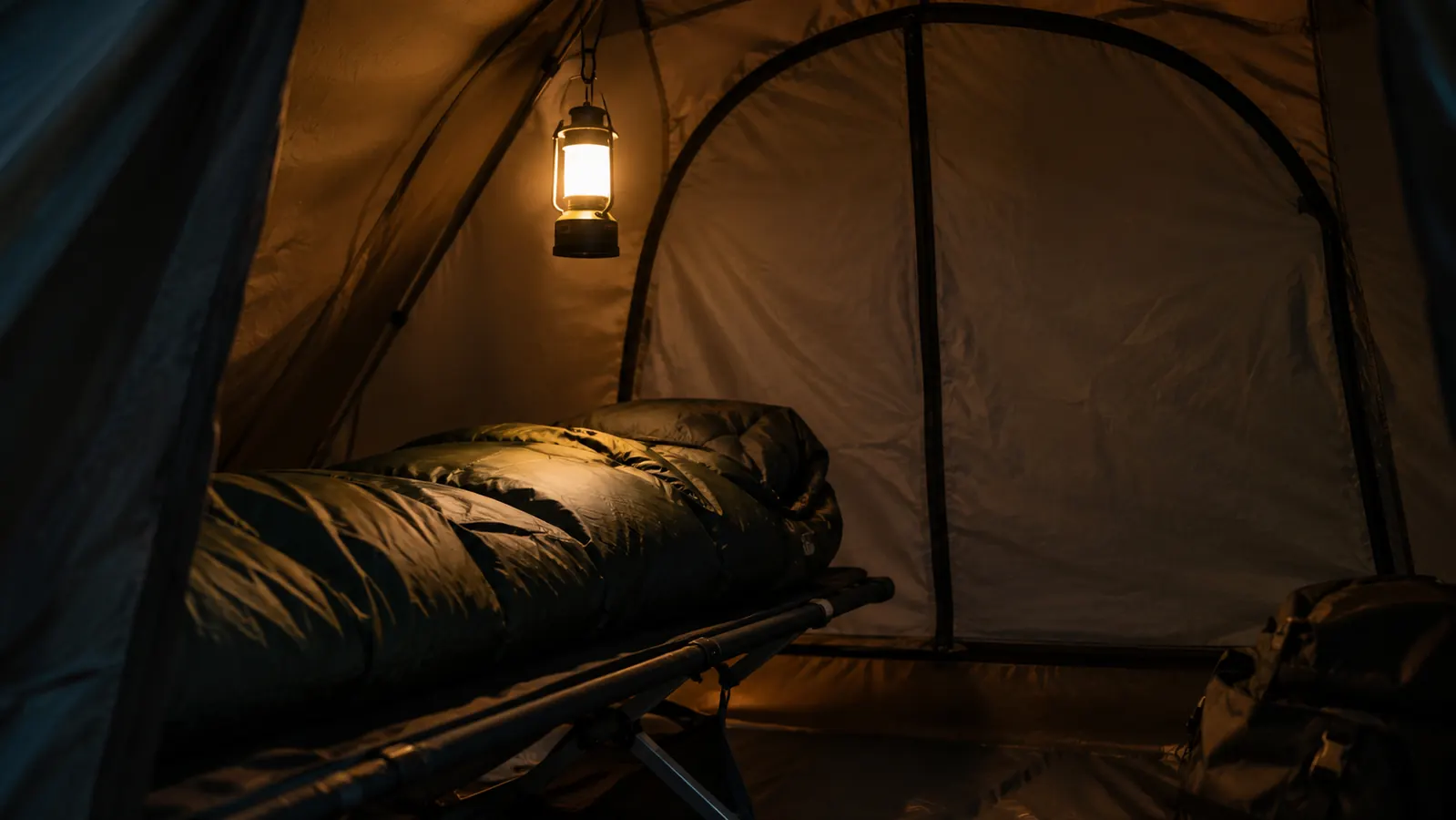 The lantern hanging from a loop inside a tent, casting a soft glow over a sleeping bag on a camp cot
