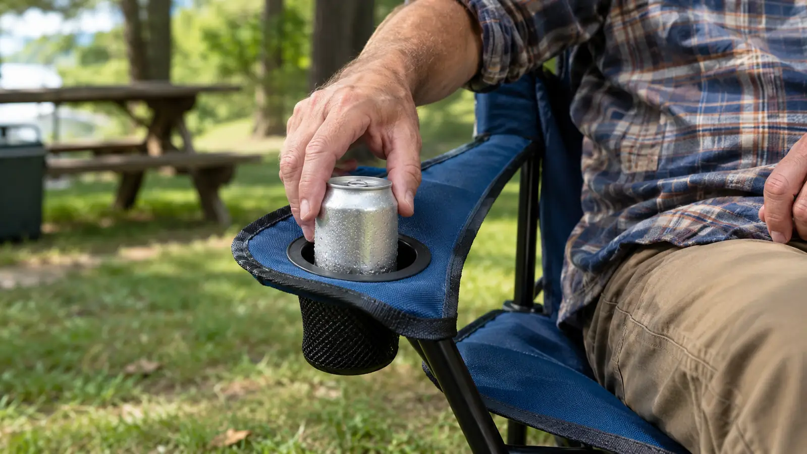 A hand reaches into the cooler built into the armrest of a camp chair and pulls out a canned drink, the chair set up on a grassy campsite.
