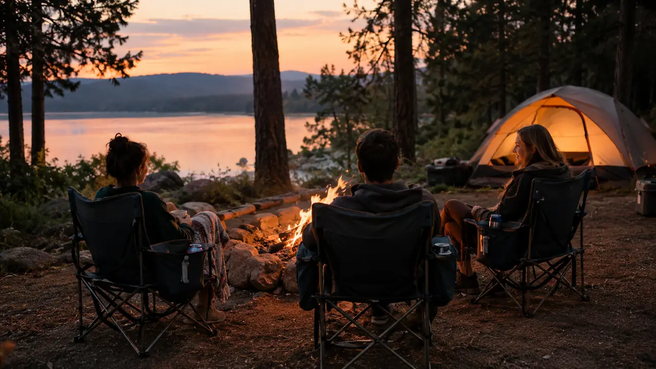 Three folding camp chairs with coolers built into the armrests are arranged around a campfire ring at dusk, three people sitting in the chairs seen from a distance, warm firelight.