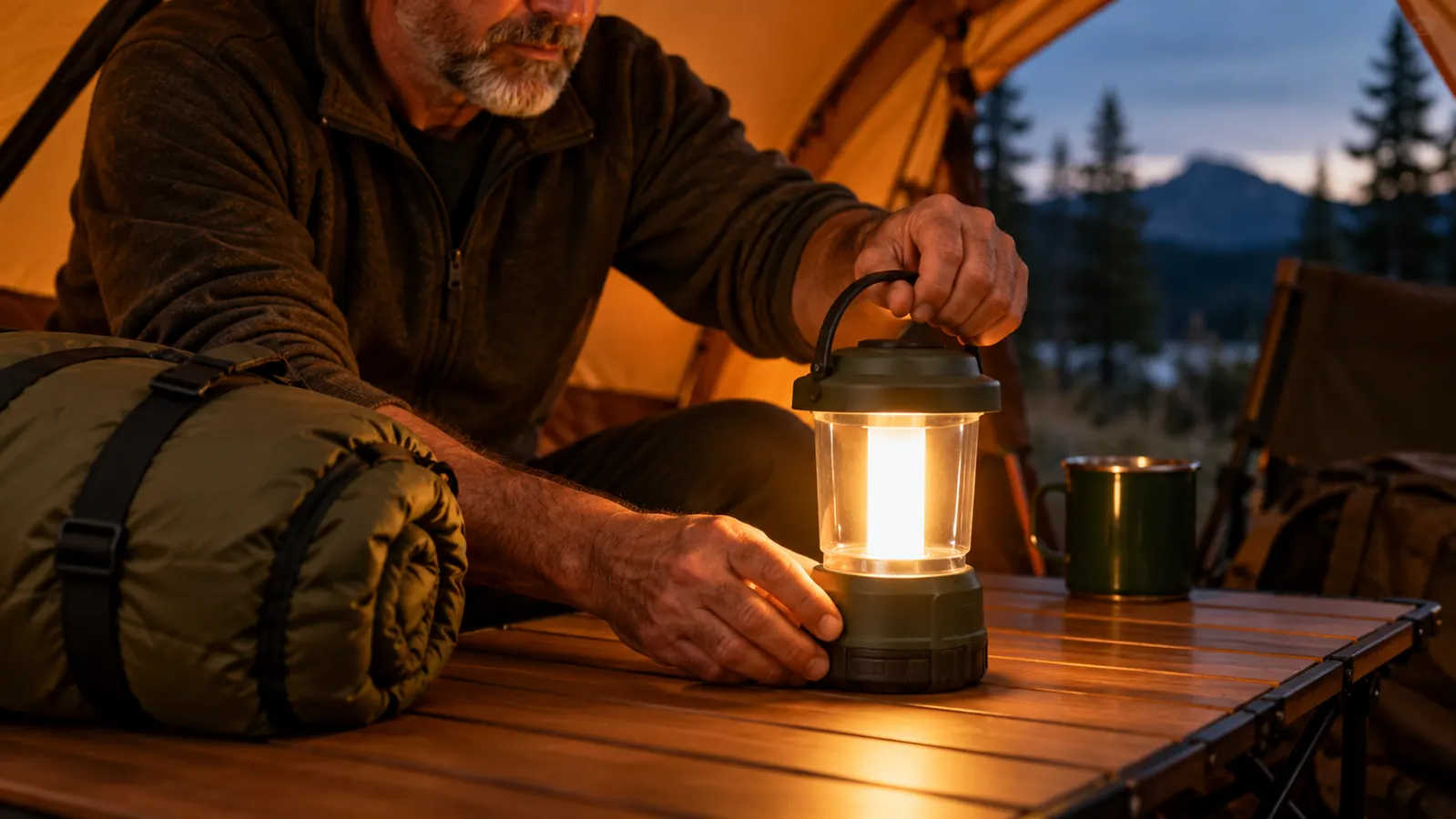 Hands placing a rechargeable lantern on a camp table next to a sleeping bag