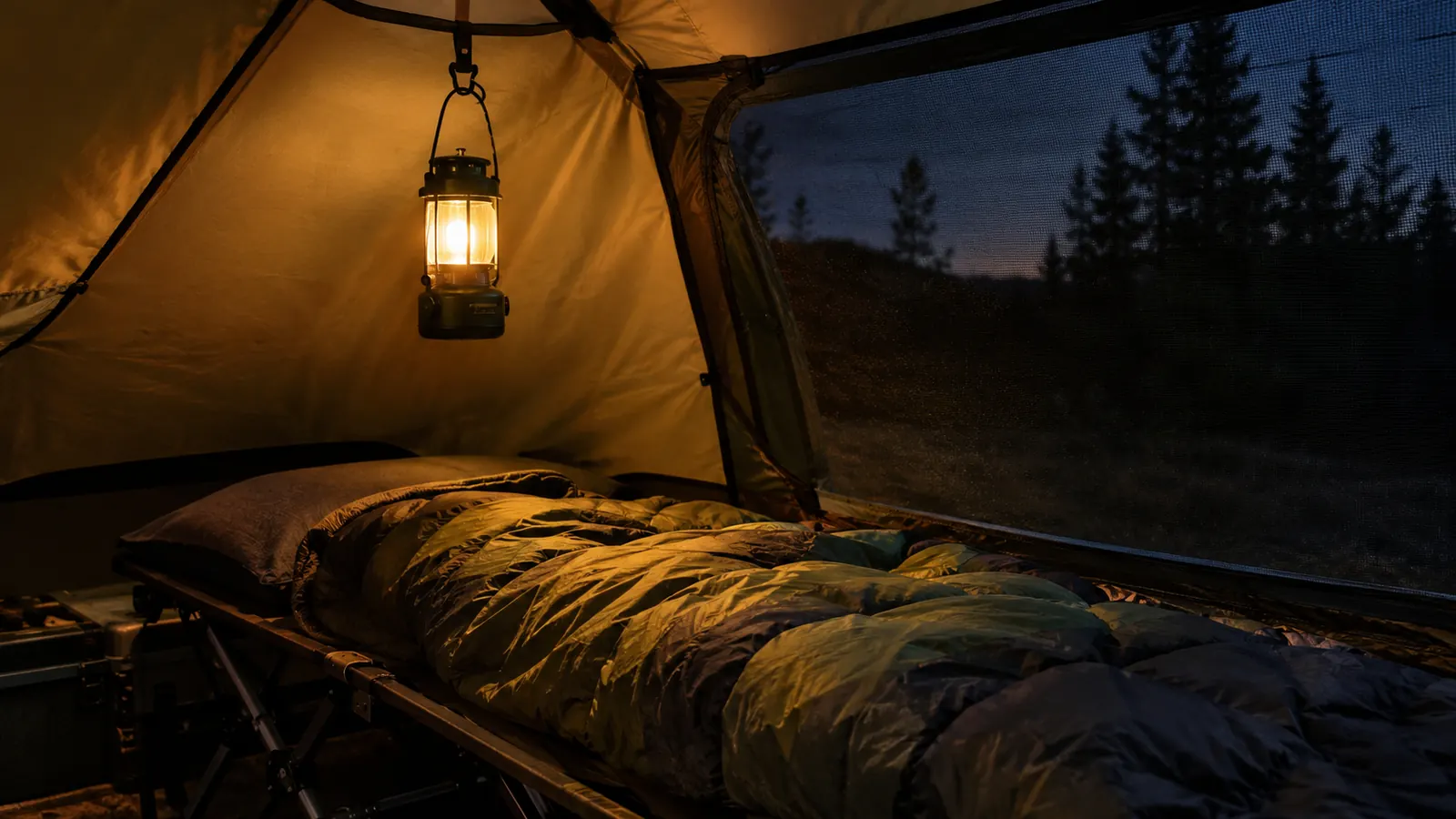 A lantern hanging from a tent loop above a camp cot