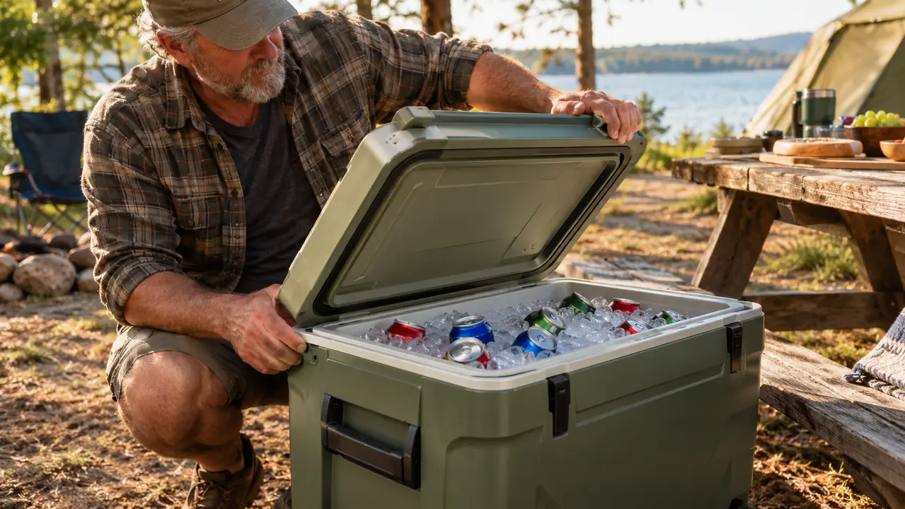 A hand in a camp chair lifting the lid of a large cooler packed with ice and drinks