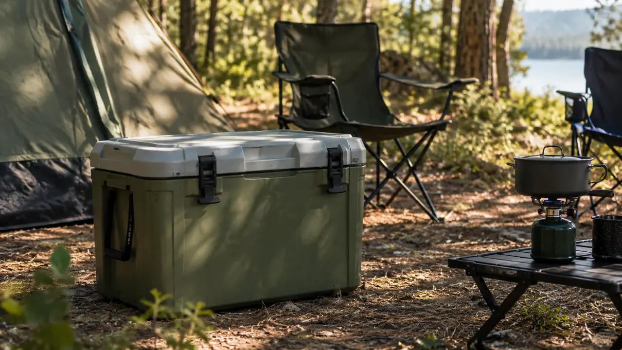 A large cooler standing in dappled shade beside a tent at a campsite, late afternoon