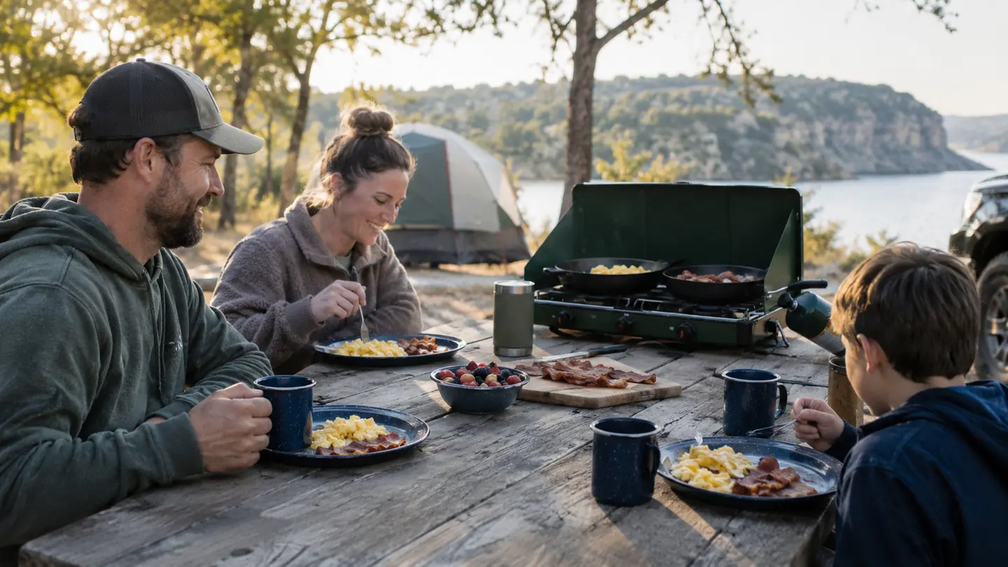 A family camping breakfast at a picnic table, with a two-burner propane stove cooking eggs and bacon and coffee mugs on the table.