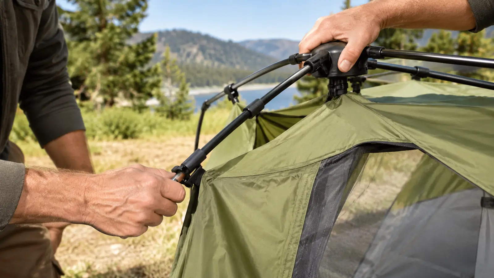 Two hands attaching a tent pole frame to a corner of the tent while another person holds the center hub